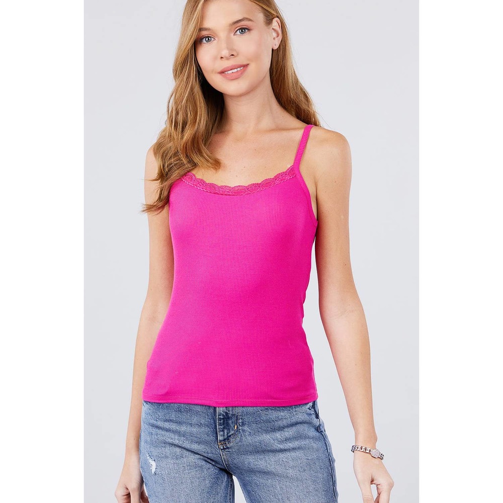 Lace Rib Cami Top in Hot Pink